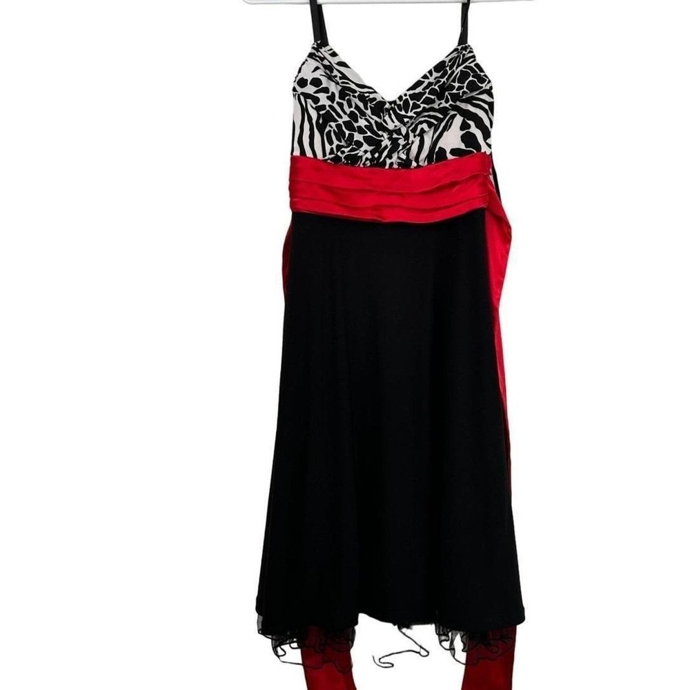 Jodi Kristopher Women Animal Print Fit Flare Dress Red Sash Black White Medium